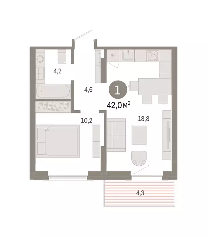 1-комнатная квартира: Омск, Кировский округ (41.99 м) - Фото 1