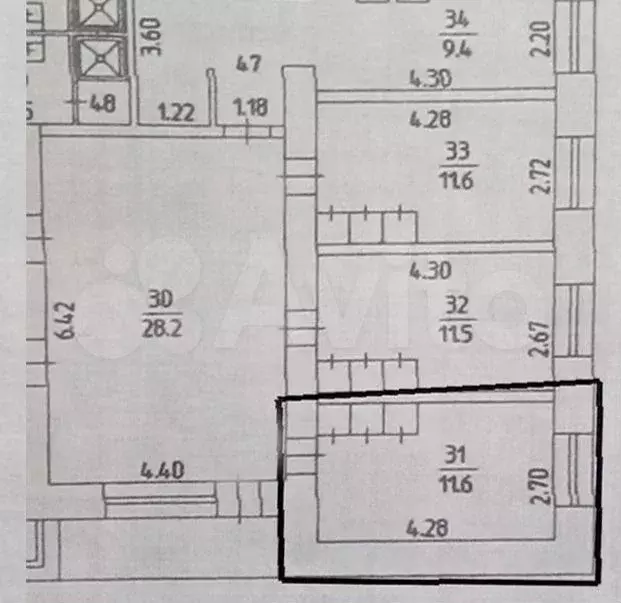 Комната 11,6 м в 4-к., 6/9 эт. - Фото 1