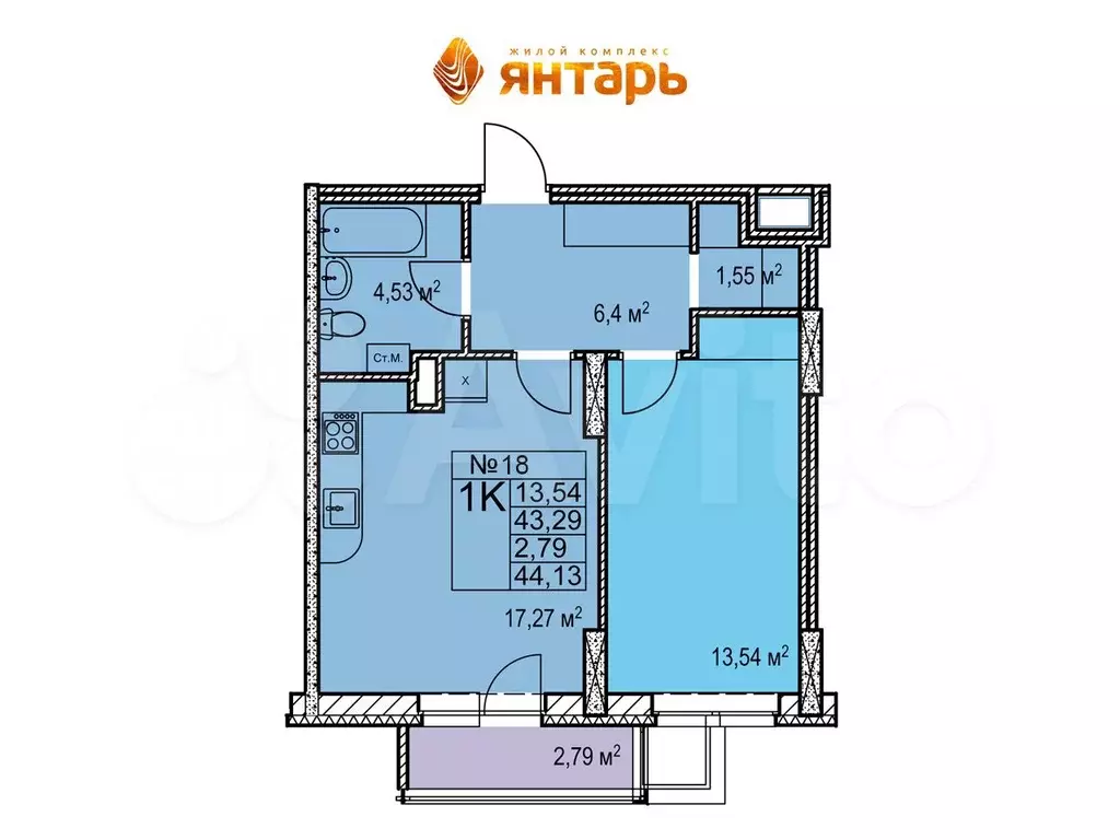 1-к. квартира, 44,1 м, 21/24 эт. - Фото 0