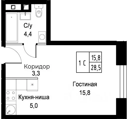 Студия Москва ул. Наметкина, 10Д (28.5 м) - Фото 0