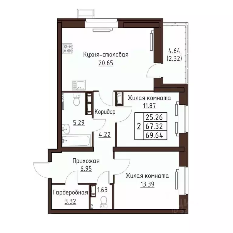 2-к кв. Орловская область, Орел ул. Левый Берег реки Оки, 21к1 (69.64 ... - Фото 1