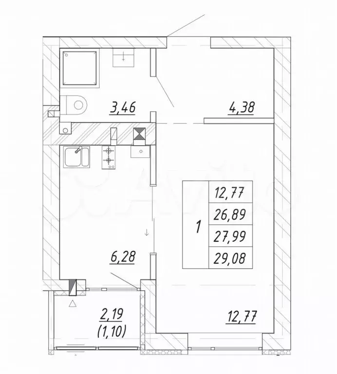 1-к. квартира, 28 м, 2/4 эт. - Фото 1