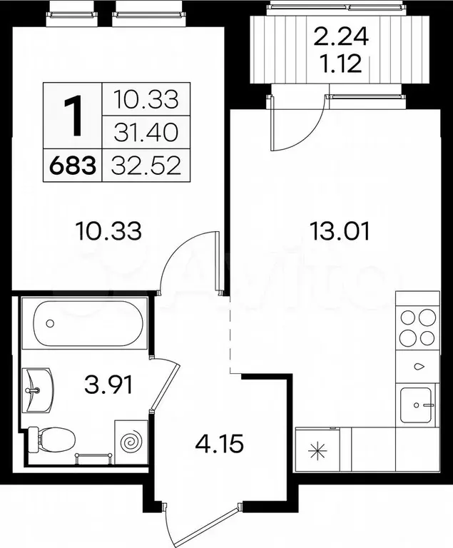 1-к. квартира, 32,5 м, 7/9 эт. - Фото 0