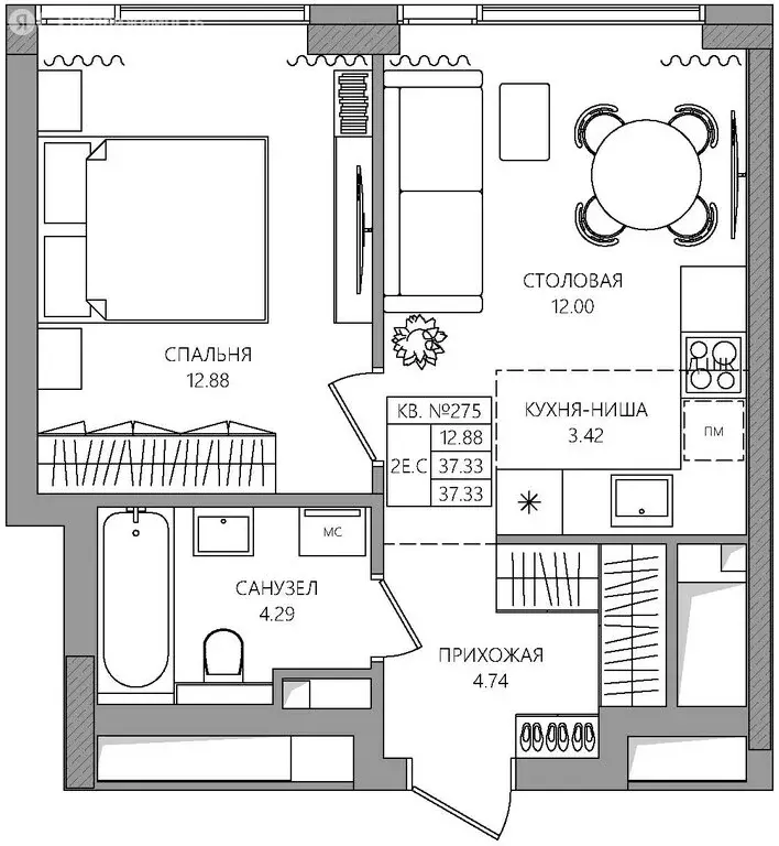 2-комнатная квартира: Пермь, улица Пушкина, 102 (37.28 м) - Фото 1