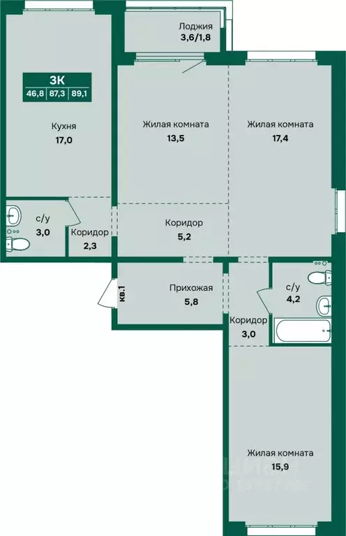 3-к кв. Алтайский край, Барнаул Камчатка жилой комплекс (89.1 м) - Фото 1