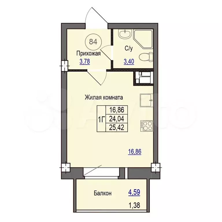 Квартира-студия, 25,4 м, 3/9 эт. - Фото 0