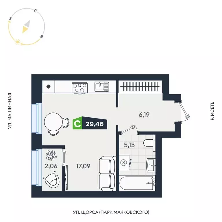 Квартира-студия: Екатеринбург, Машинная улица, 1В/4 (29.46 м) - Фото 1