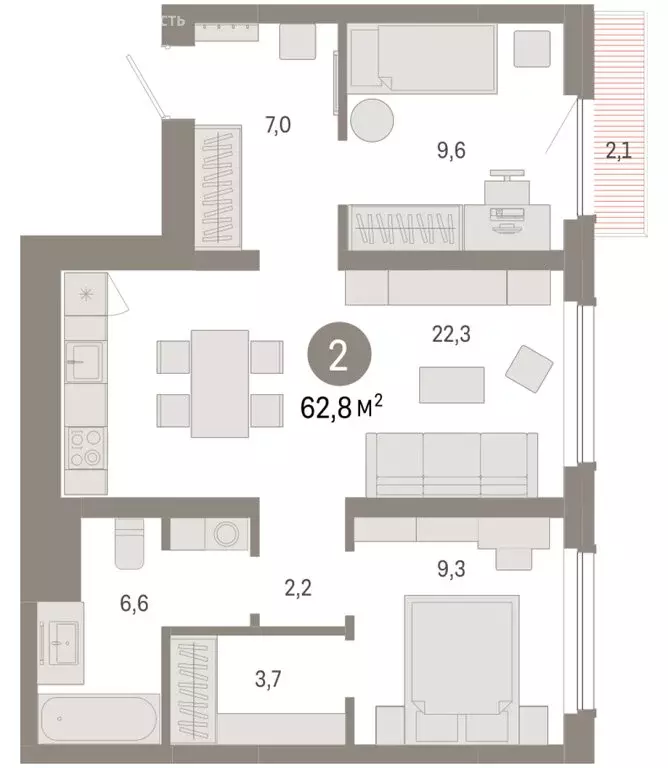 2-комнатная квартира: Новосибирск, квартал Лебедевский, 1/3 (62.8 м) - Фото 2
