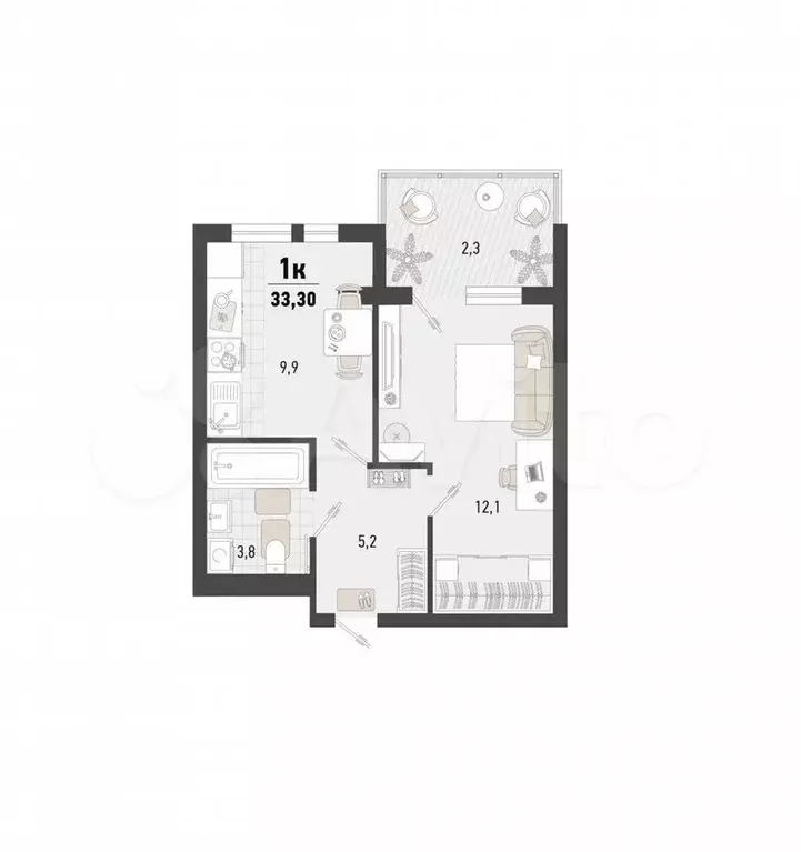 1-к. квартира, 33,3 м, 15/15 эт. - Фото 1