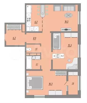 3-к. квартира, 80 м, 2/24 эт. - Фото 0