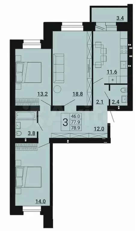 3-к. квартира, 78,9 м, 2/8 эт. - Фото 0