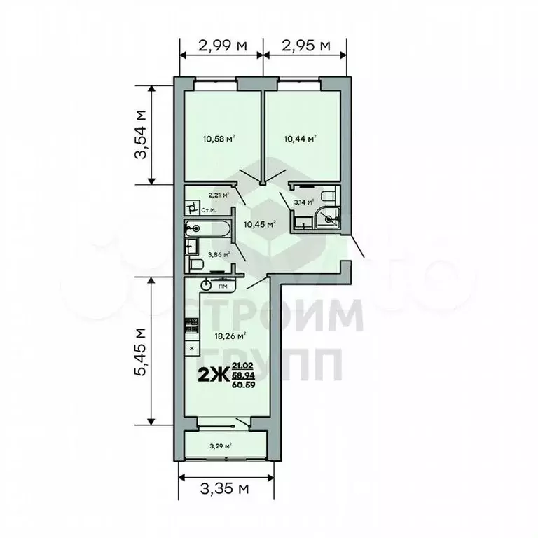 2-к. квартира, 60,6 м, 7/9 эт. - Фото 1