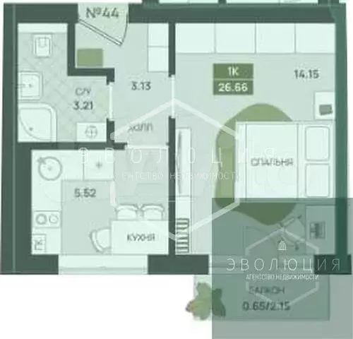 1-к. квартира, 26,7 м, 1/5 эт. - Фото 0