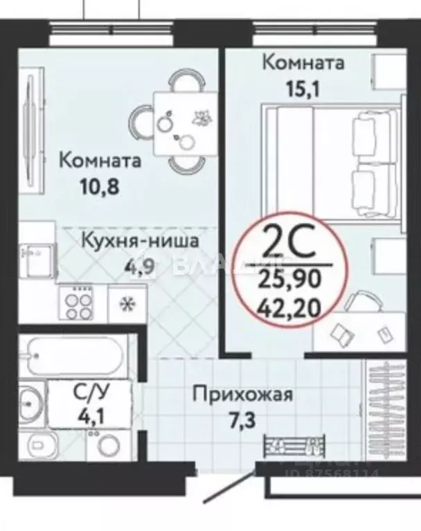 1-к кв. Новосибирская область, Новосибирск ул. Есенина, 12Б (42.1 м) - Фото 1