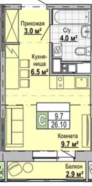 Квартира-студия, 26,9 м, 12/17 эт. - Фото 1