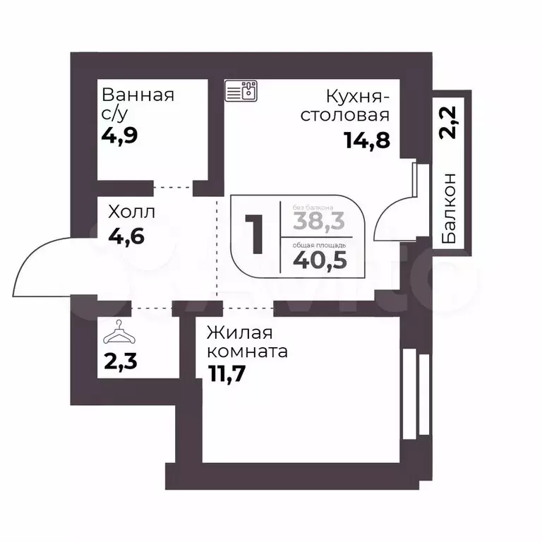 1-к. квартира, 38,3 м, 5/9 эт. - Фото 0