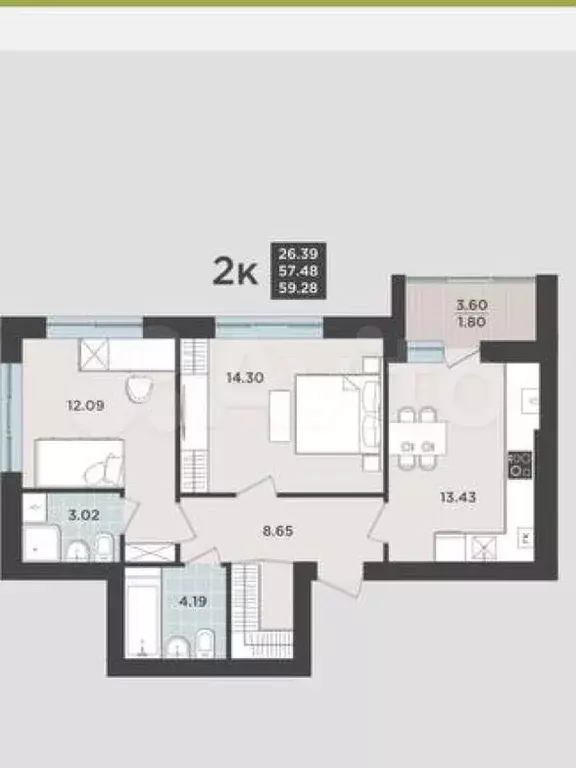 2-к. квартира, 57,5 м, 2/9 эт. - Фото 1