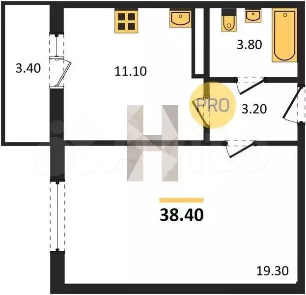 1-к. квартира, 38,4 м, 6/10 эт. - Фото 0