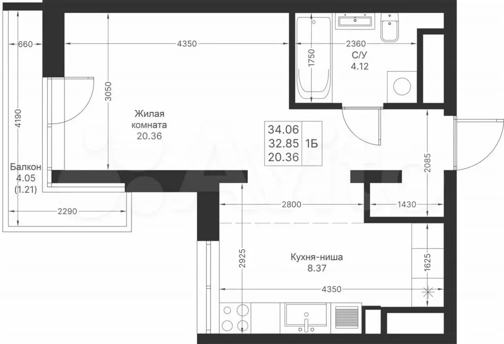 1-к. квартира, 34,1 м, 21/25 эт. - Фото 1