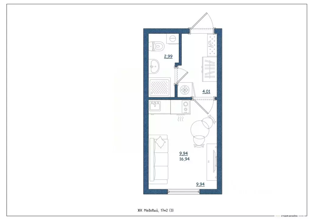 Студия Тверская область, Тверь ул. Медовая, 9к4 (17.0 м) - Фото 2