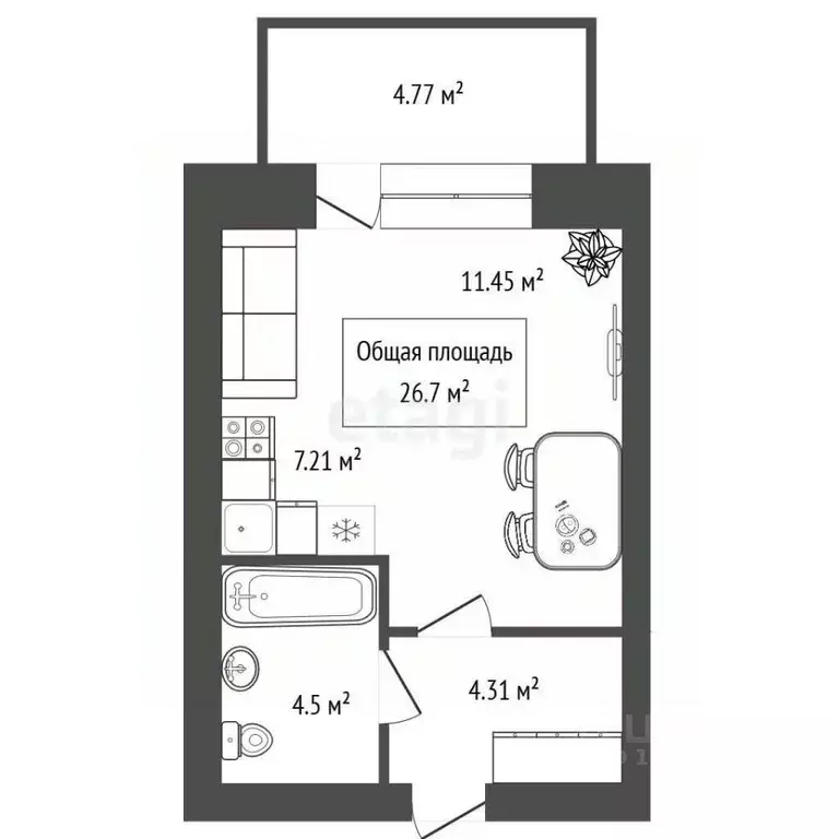 Студия Новосибирская область, Кольцово рп, Спектр мкр 3 (26.7 м) - Фото 1