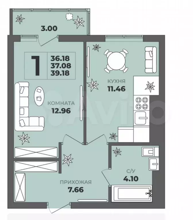 1-к. квартира, 37,1 м, 3/8 эт. - Фото 1
