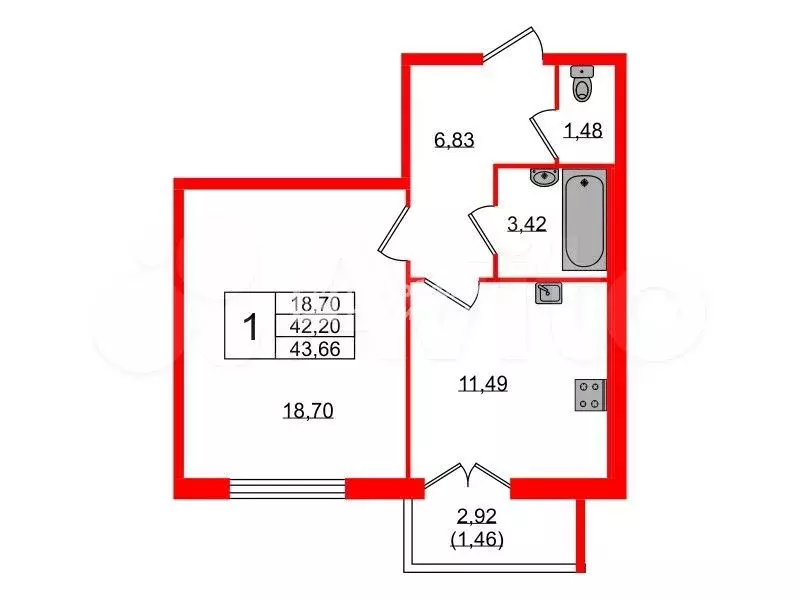 1-к. квартира, 43,7 м, 4/8 эт. - Фото 0