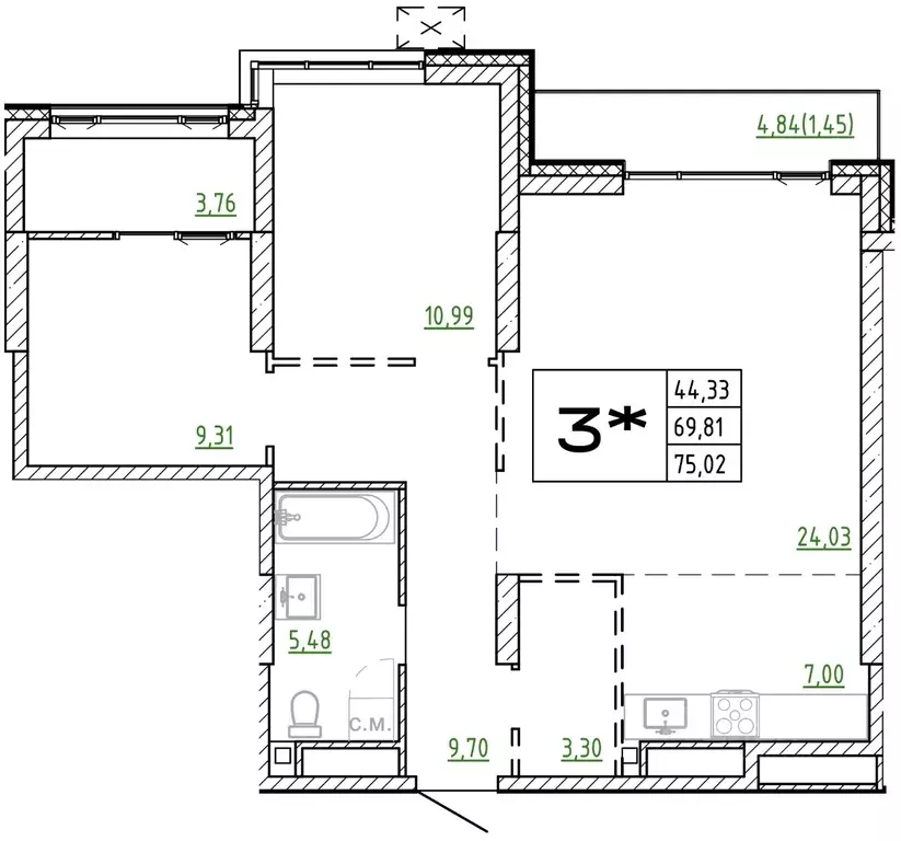 3-к кв. Приморский край, Владивосток Архитектор жилой комплекс (75.02 ... - Фото 1