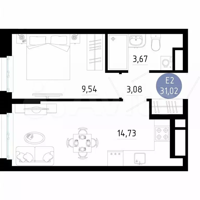1-к. квартира, 31 м, 5/14 эт. - Фото 0
