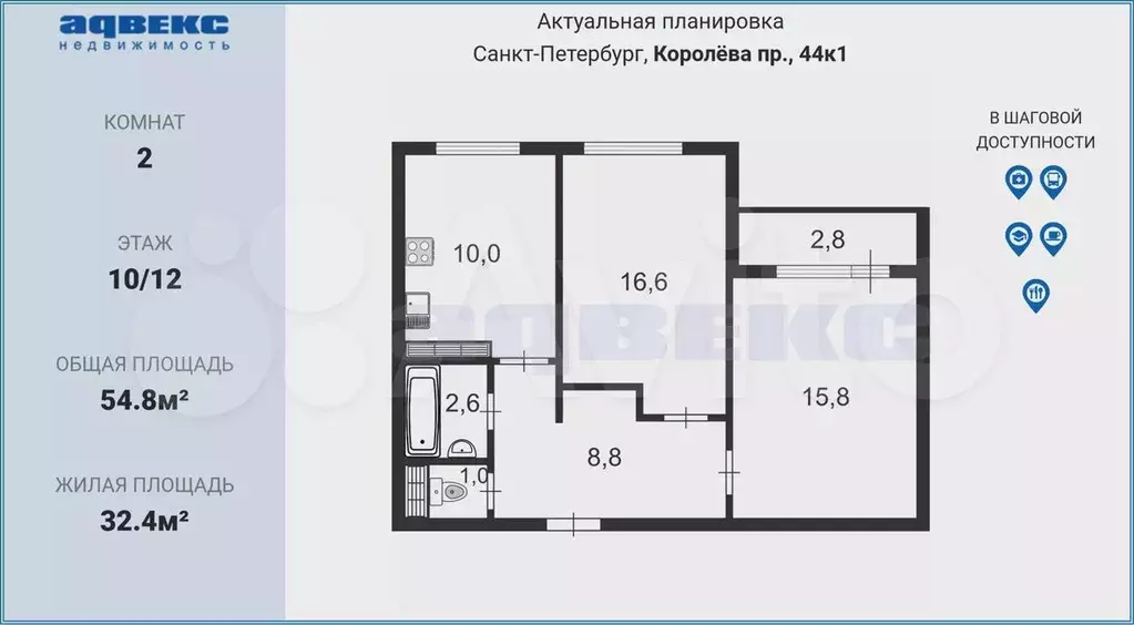 2-к. квартира, 54,8 м, 10/12 эт. - Фото 0