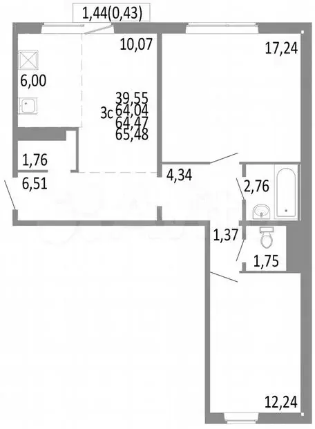 3-к. квартира, 64,5 м, 6/10 эт. - Фото 0