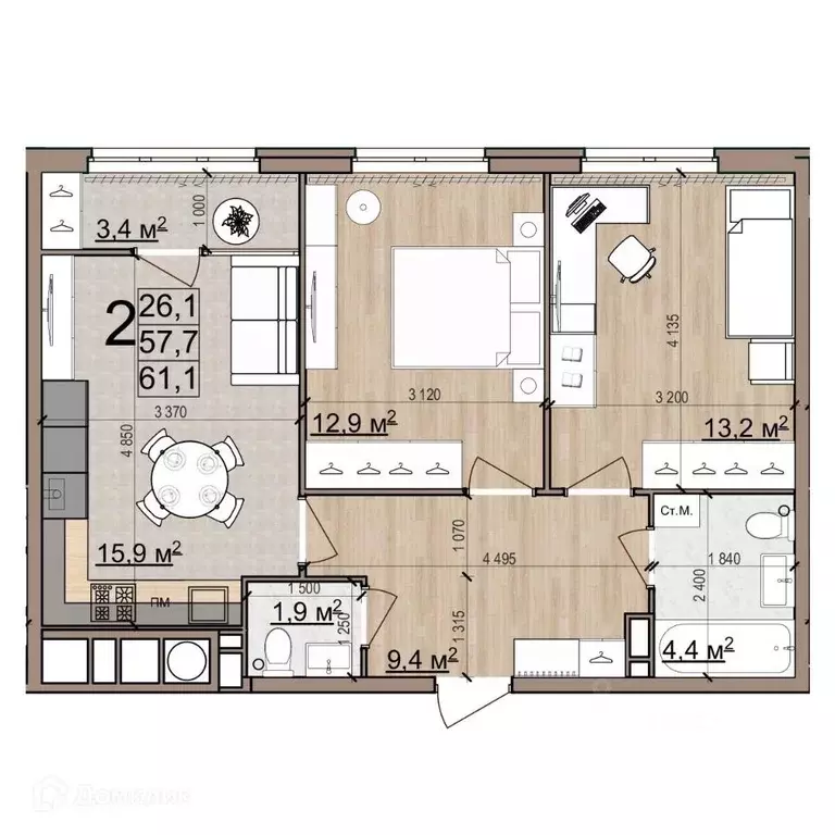 2-к кв. Рязанская область, Рязань Еврокласс жилой комплекс (61.1 м) - Фото 2