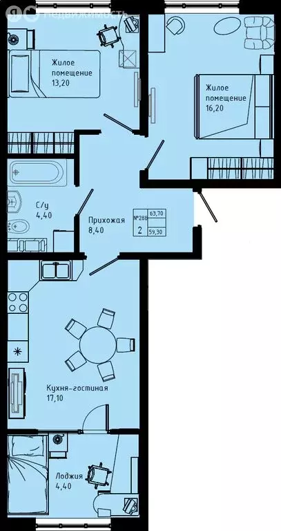 2-комнатная квартира: Коммунар, Железнодорожная улица, 41к3 (63.7 м) - Фото 1