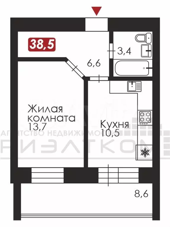 1-к. квартира, 38,5 м, 6/10 эт. - Фото 0