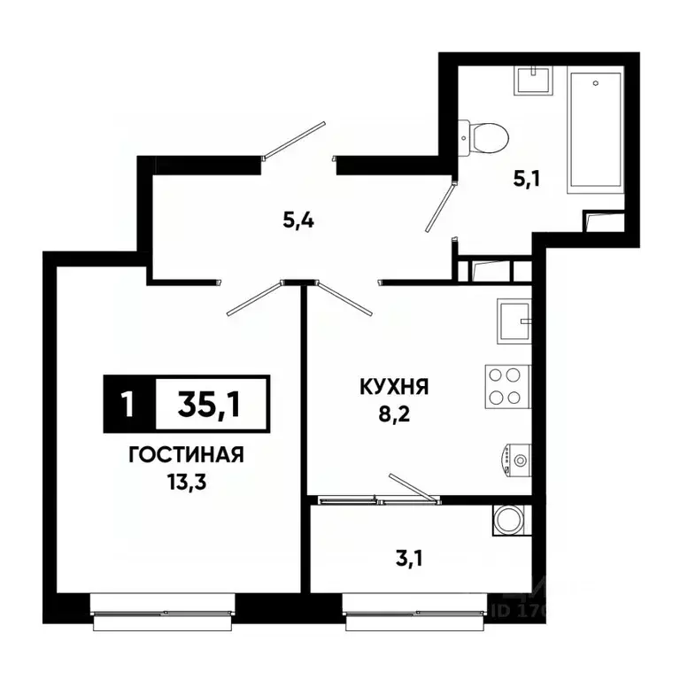 1-к кв. Ставропольский край, Ставрополь просп. Российский, 16 (35.1 м) - Фото 1