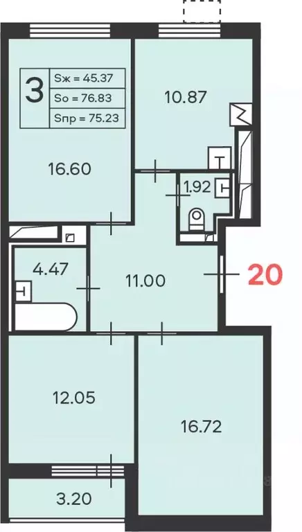 3-к кв. Москва Полярная ул., 16К1 (75.23 м) - Фото 2