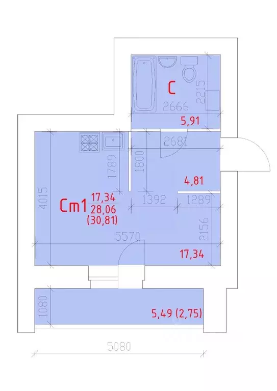 Студия Вологодская область, Череповец 109-й мкр,  (30.81 м) - Фото 0