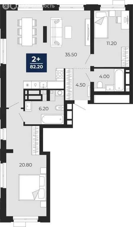 2-комнатная квартира: Тюмень, улица Пожарных и Спасателей, 2 (82.2 м) - Фото 1
