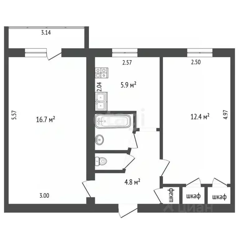 2-к кв. Вологодская область, Череповец Набережная ул., 47 (44.2 м) - Фото 2