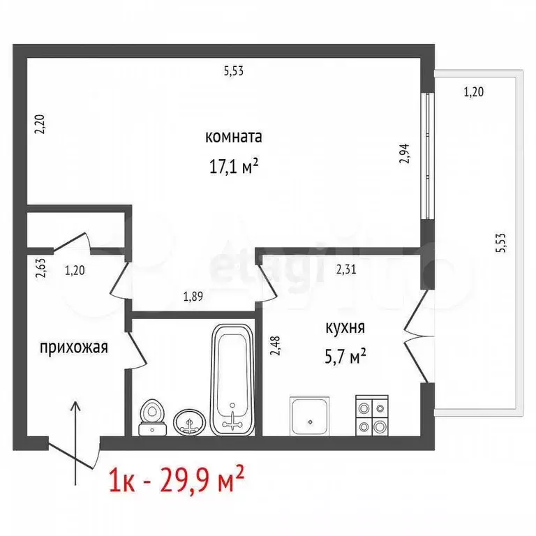 1-к. квартира, 29,9 м, 5/5 эт. - Фото 1