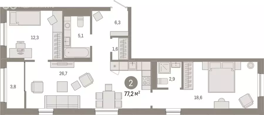2-комнатная квартира: Тюмень, жилой комплекс Республики 205 (77.22 м) - Фото 0