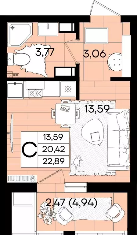 Квартира-студия: Краснодар, жилой комплекс Народные Кварталы (22.89 м) - Фото 2