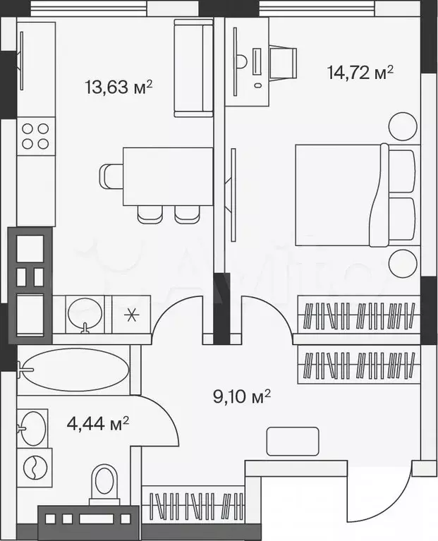 1-к. квартира, 41,9 м, 3/7 эт. - Фото 1