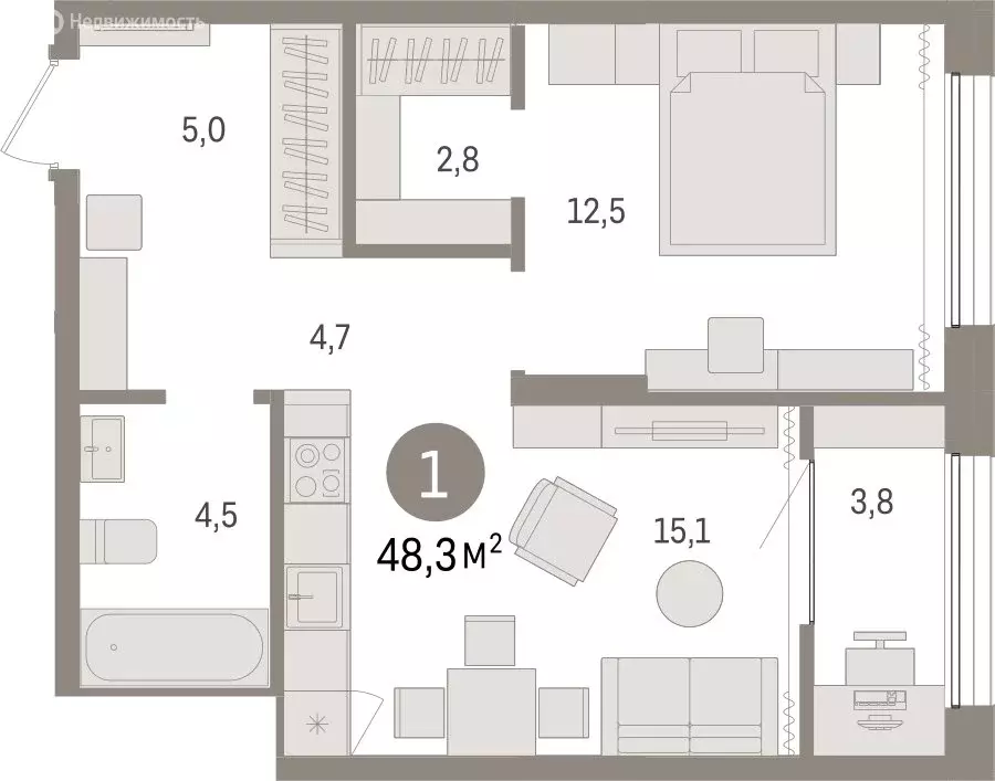 1-комнатная квартира: Тюмень, Краснооктябрьская улица, 4к3 (48.3 м) - Фото 1