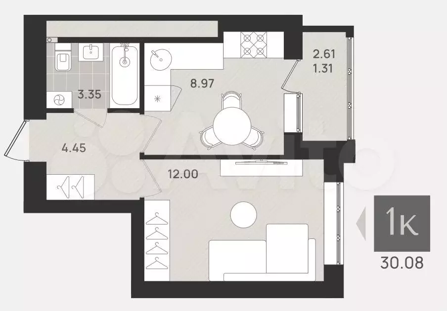 1-к. квартира, 30,1 м, 4/9 эт. - Фото 1