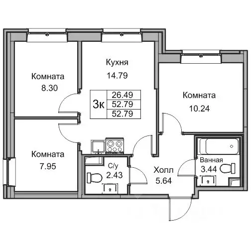 3-к кв. Санкт-Петербург ул. Ивинская, 9 (52.3 м) - Фото 0