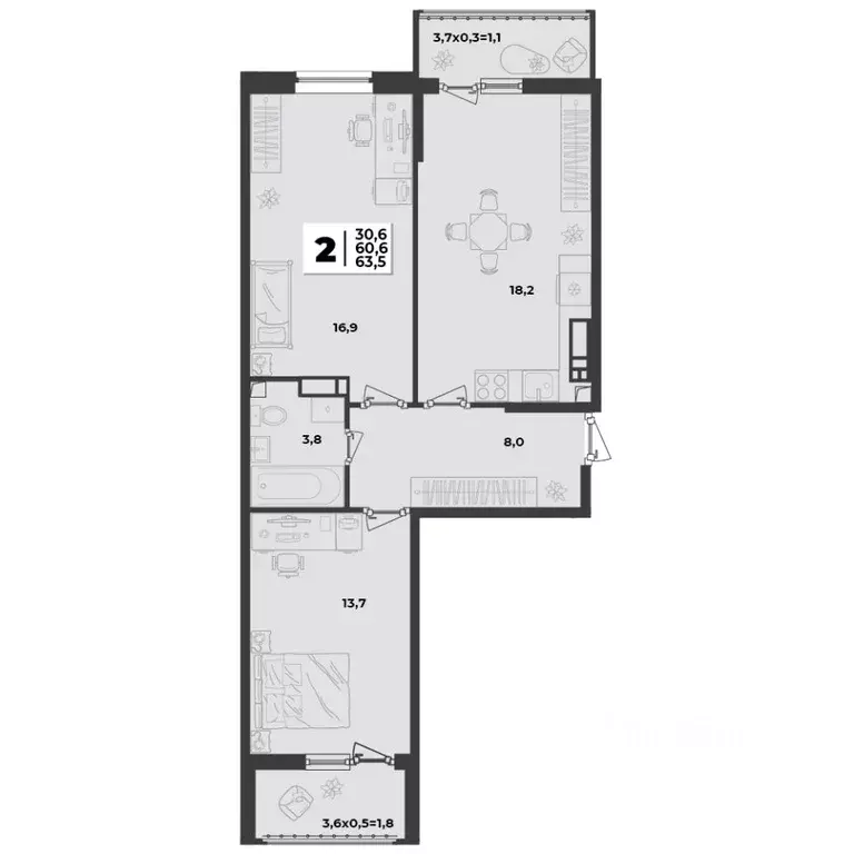 2-к кв. Краснодарский край, Краснодар  (63.5 м) - Фото 0