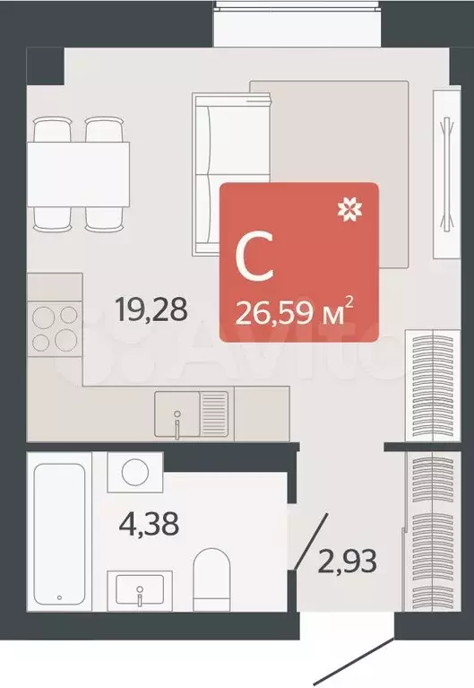 Квартира-студия, 26,6 м, 5/8 эт. - Фото 1