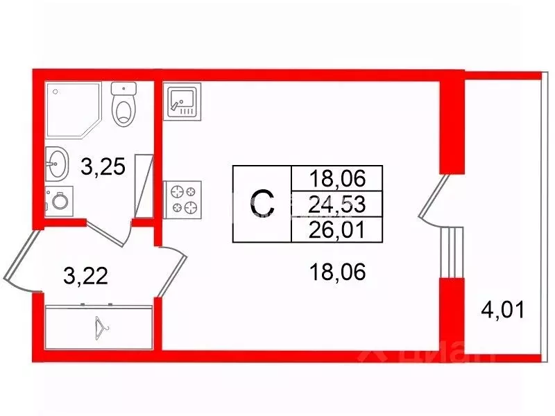 Студия Санкт-Петербург ул. Меридианная, 8 (23.8 м) - Фото 1
