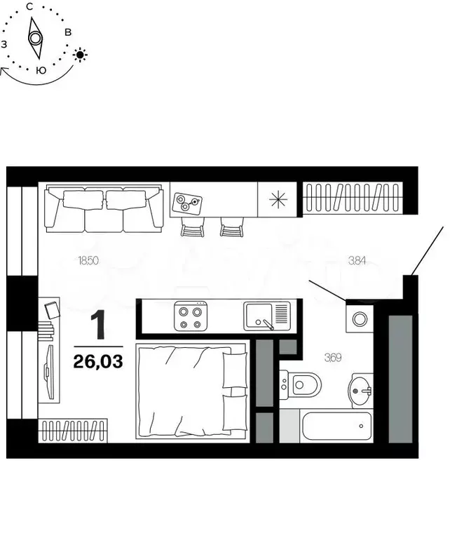 Квартира-студия, 26 м, 3/21 эт. - Фото 1